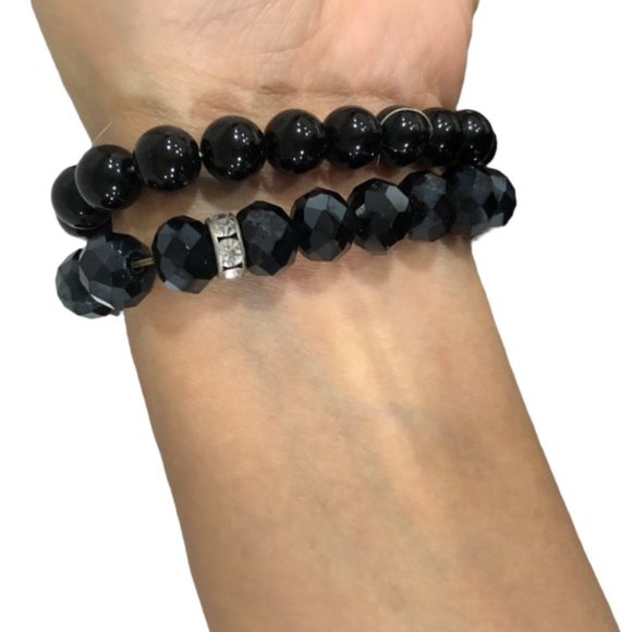 2 Pcs Set Stretchy Bead Bracelets For Women Black - Picture 2 of 5